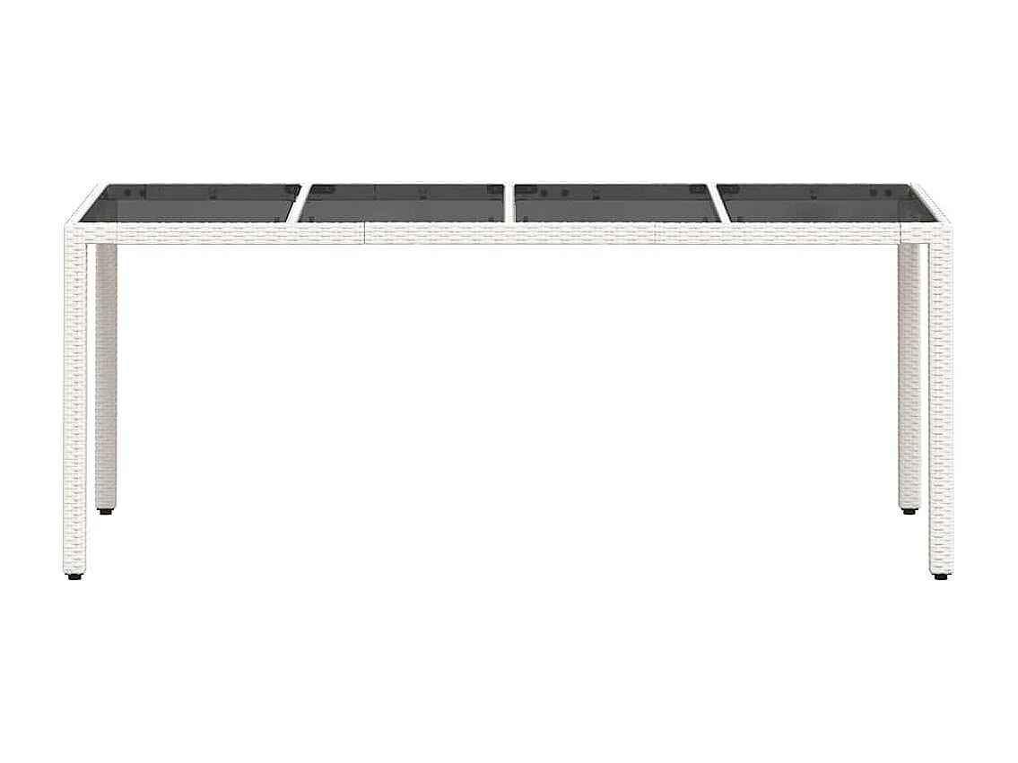 Tavolo da giardino con piano in vetro bianco e resina intrecciata