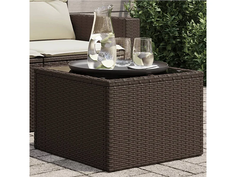 Tuintafel met bruin glazen blad 55x55x37 cm gevlochten hars