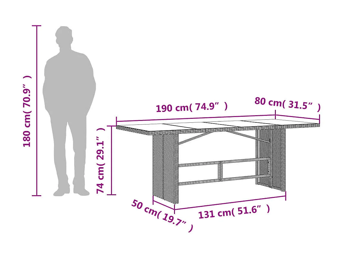 Tuintafel met lichtgrijs glazen blad 190x80x74 cm