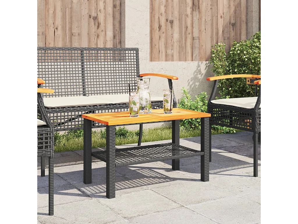 Mesa de jardín negra 70x38x42 cm resina trenzada y madera de acacia