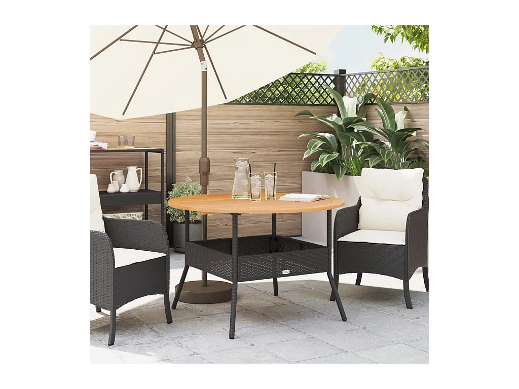 Tuintafel en blad in zwart acaciahout en gevlochten hars