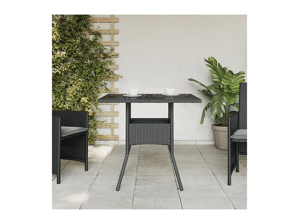 Tuintafel met zwart glazen blad 80x80x75 cm gevlochten hars