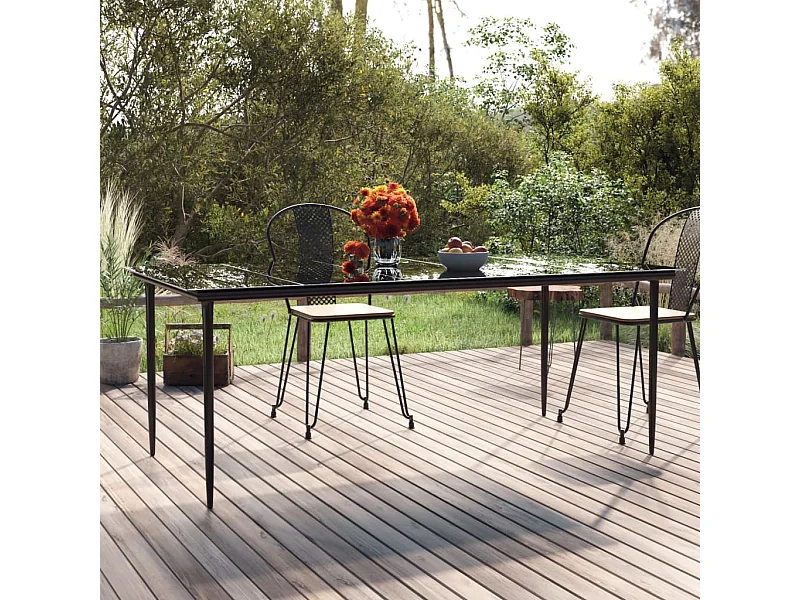 Table à dîner de jardin Noir 200x100x74cm Acier et verre trempé