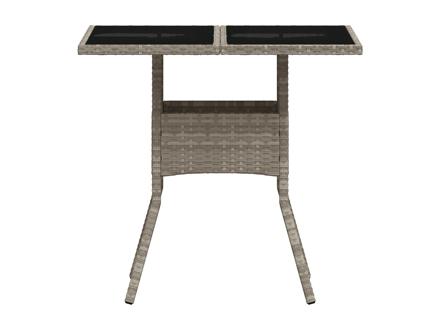 Mesa de jardín con tablero de cristal gris claro y resina trenzada.