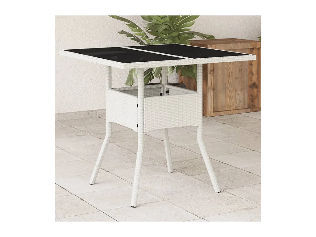 Tuintafel met wit glazen blad 80x80x75cm geweven hars