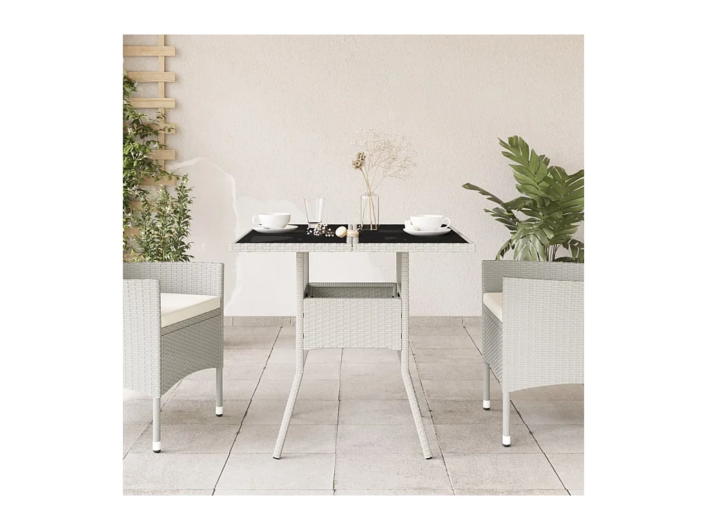 Tuintafel met wit glazen blad 80x80x75cm geweven hars