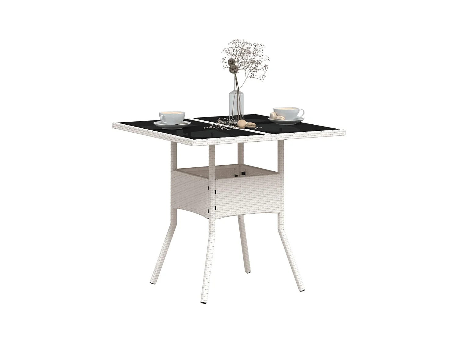 Tuintafel met wit glazen blad 80x80x75cm geweven hars