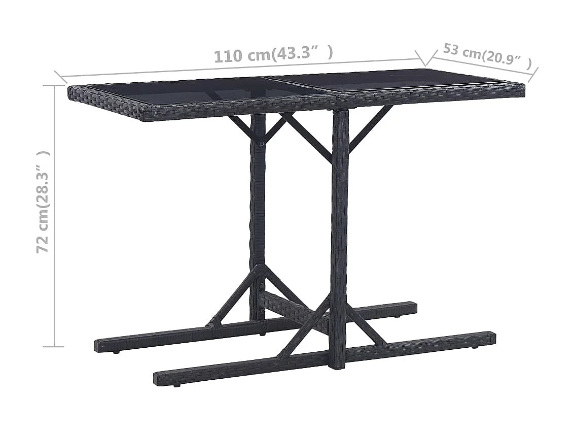 Tavolo da giardino nero 110x53x72 cm Vetro e resina intrecciata