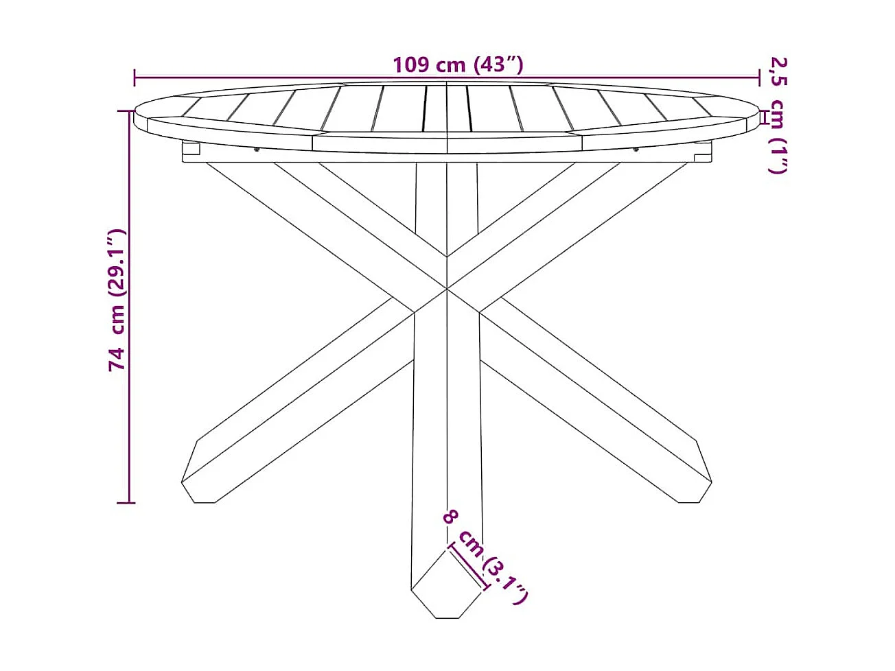 Table de jardin Ø109x74 cm bois de teck solide