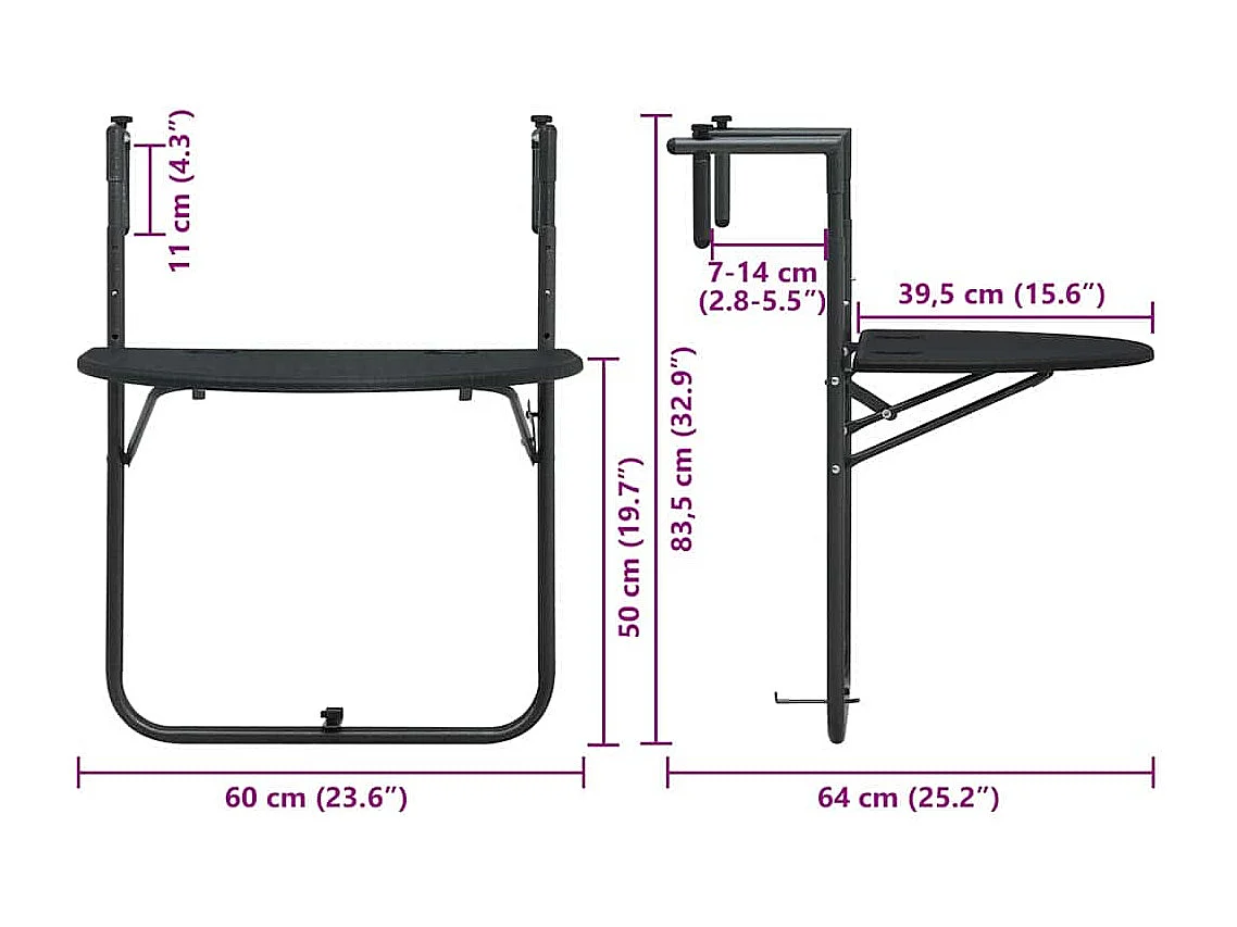 Table de balcon Noir 60x64x83,5 cm Plastique Aspect de rotin