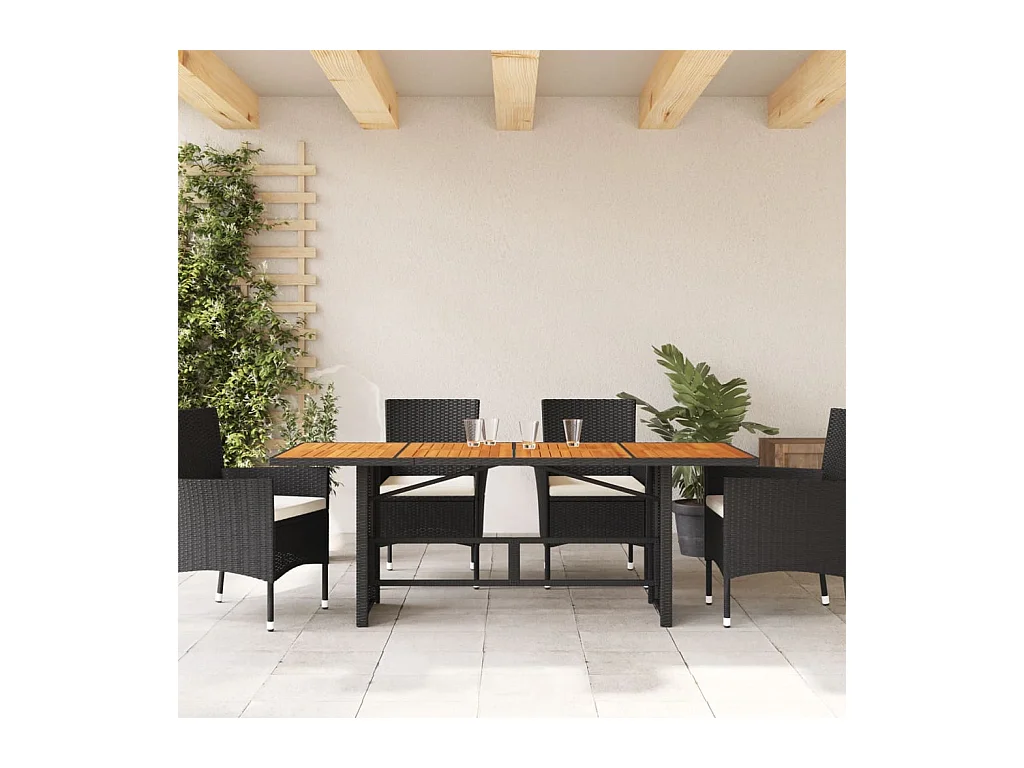 Tuintafel en blad in zwart acaciahout en gevlochten hars