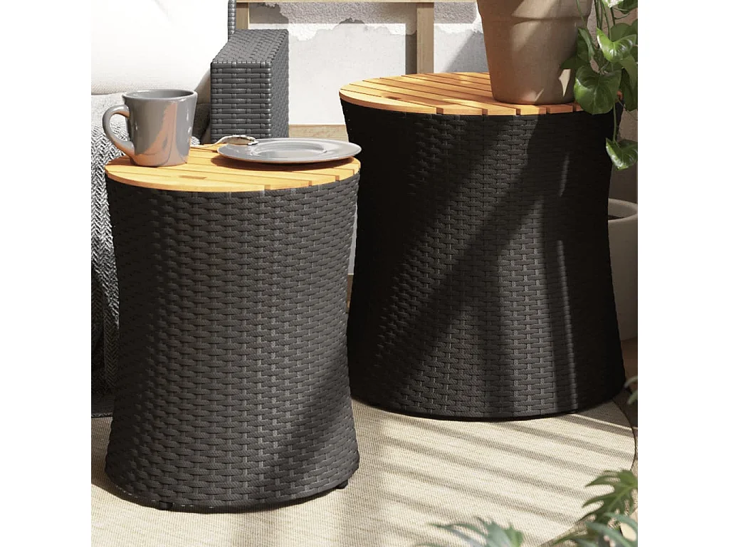 tavolini da giardino con piano in legno nero e polyrattan