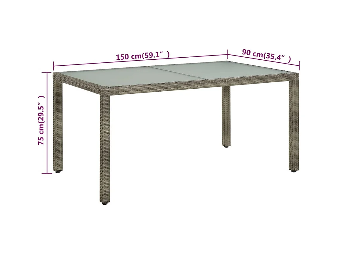 Tuintafel 150x90x75 cm Gehard glas en polyrotan Grijs