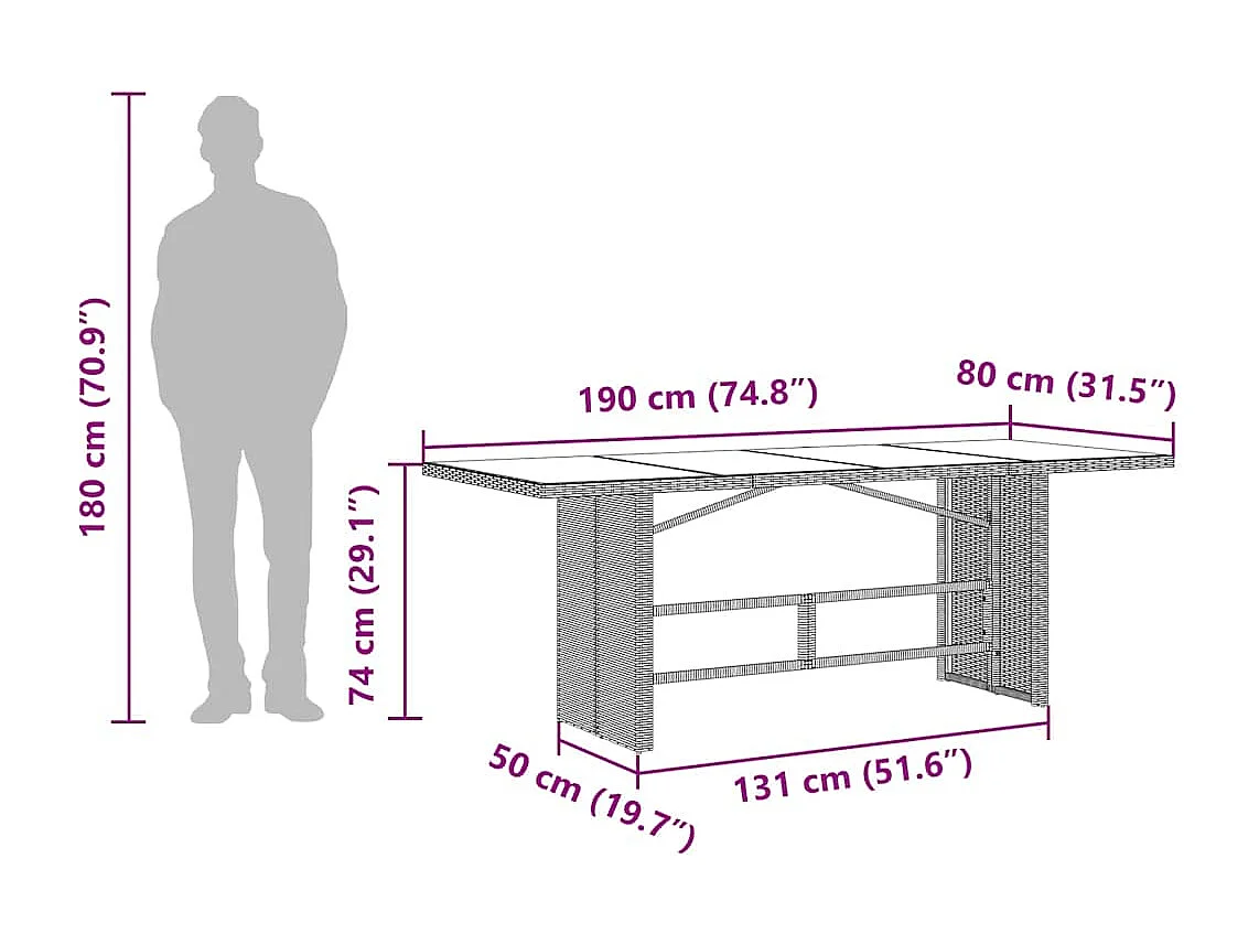 Tuintafel met zwart glazen blad 190x80x74cm gevlochten hars