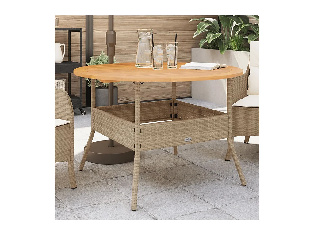 Mesa de jardín y tablero en madera de acacia beige y resina trenzada.