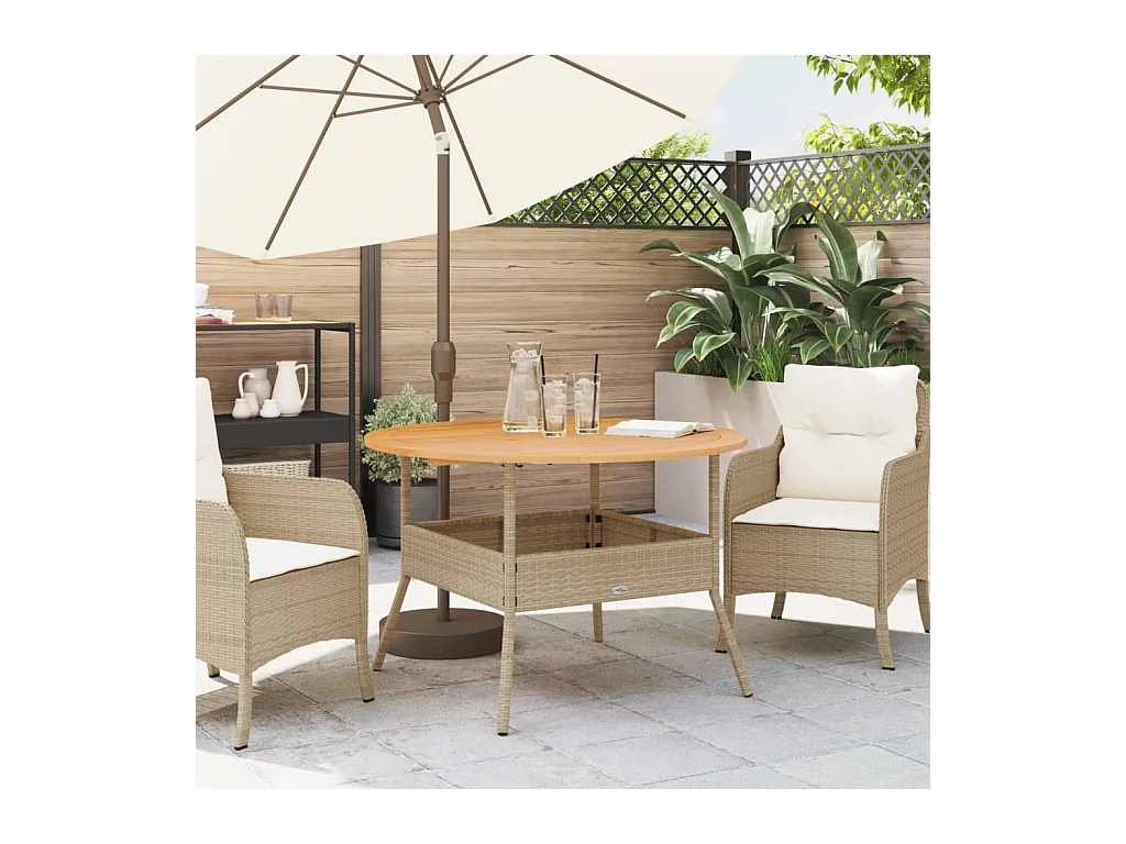 Mesa de jardín y tablero en madera de acacia beige y resina trenzada.