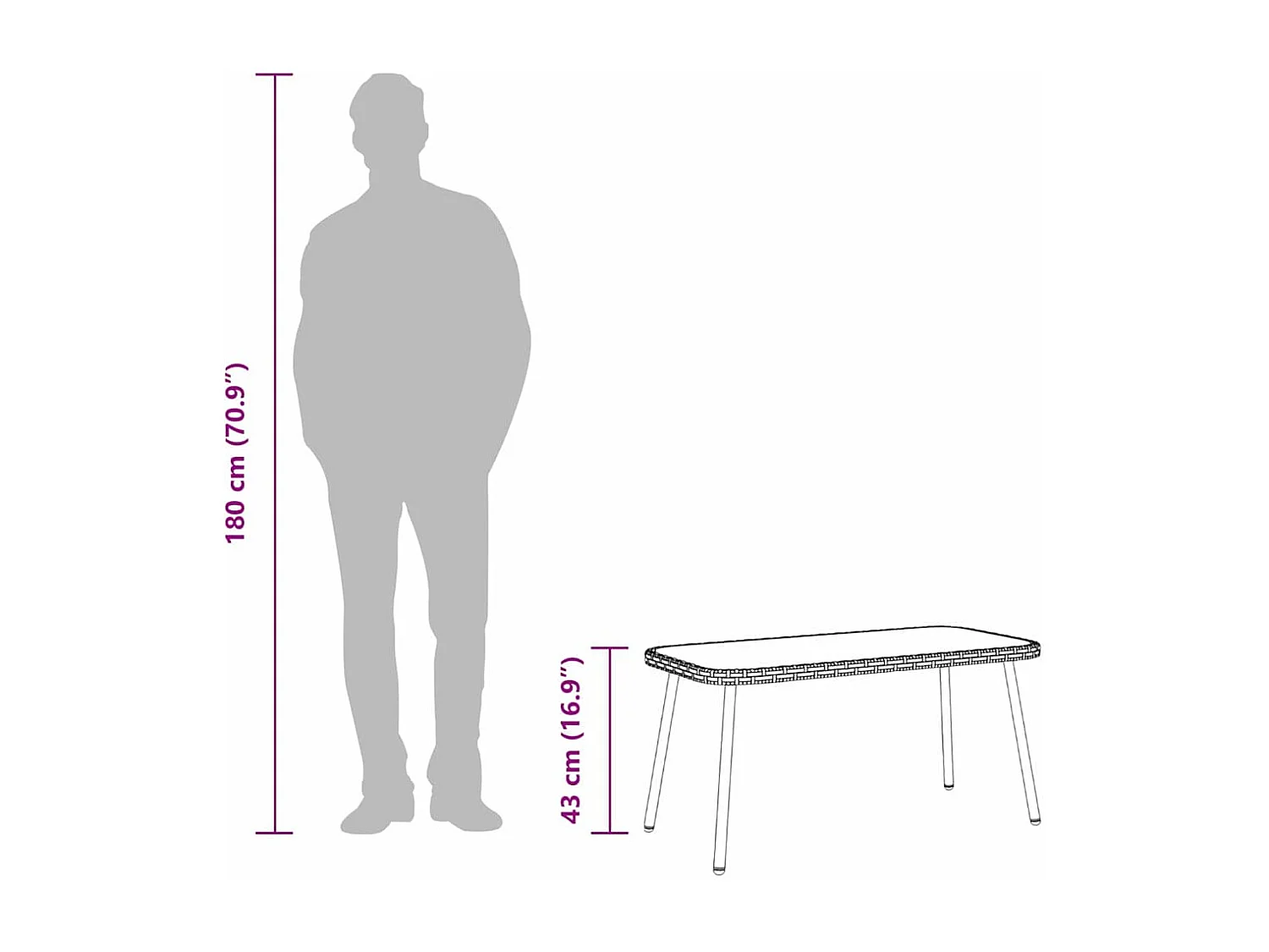 Table basse Noir 90 x 45 x 43 cm Rattan en Poly, verre