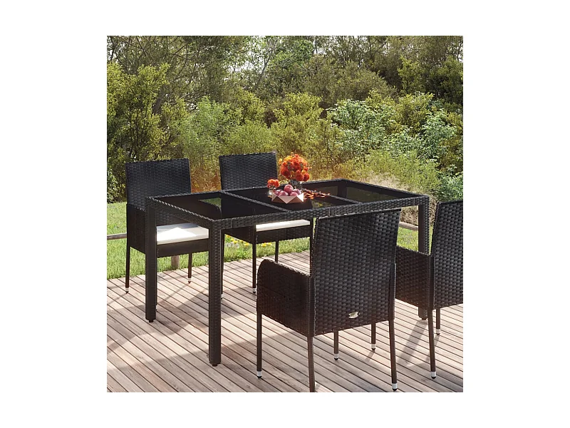 Mesa de jardín con tapa de cristal, color negro, 150x90x75cm, resina trenzada