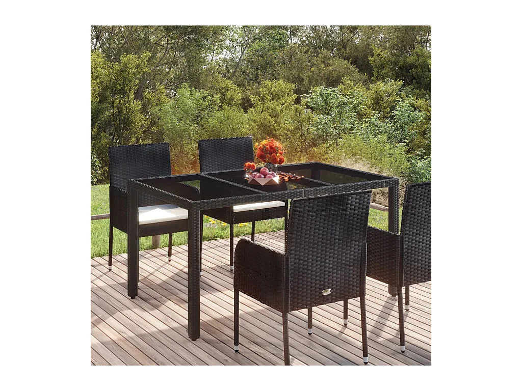 Mesa de jardín con tapa de cristal, color negro, 150x90x75cm, resina trenzada