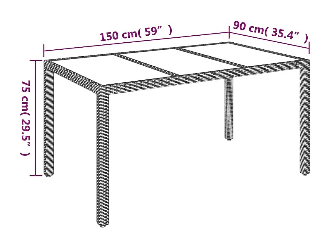 Mesa de jardín con tapa de cristal, color negro, 150x90x75cm, resina trenzada