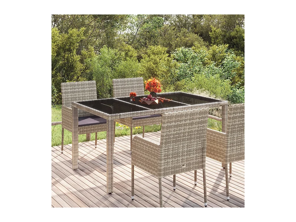 Tuintafel met glazen blad, grijs, 150x90x75cm, geweven hars