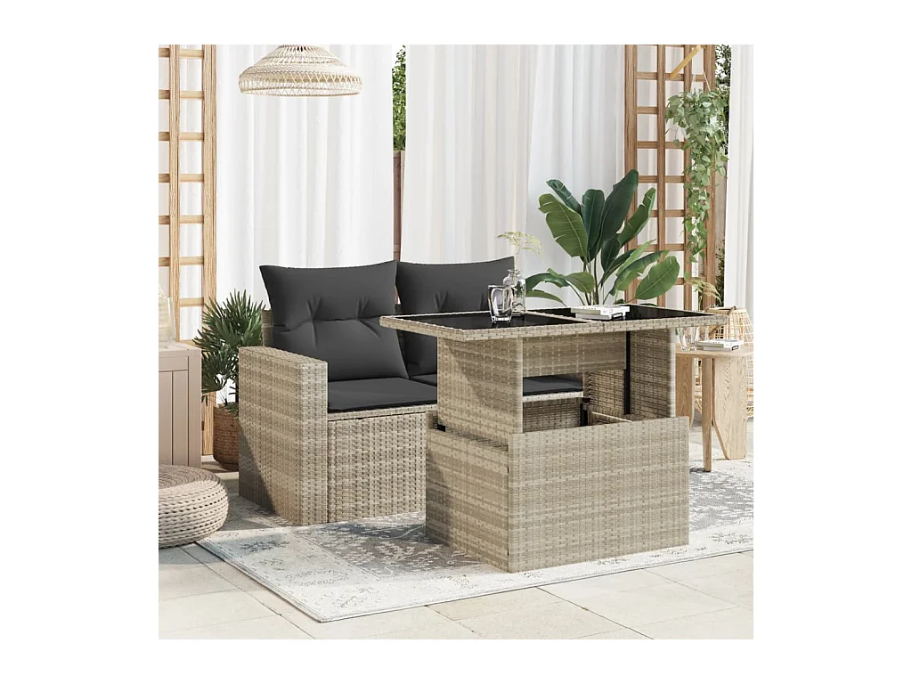 Tuintafel met lichtgrijs glazen blad 100x55x73 cm rotan