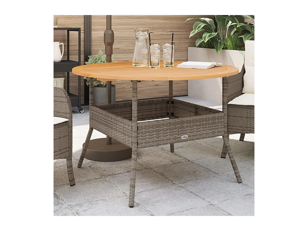 Mesa de jardín y tablero en madera de acacia gris con resina trenzada.