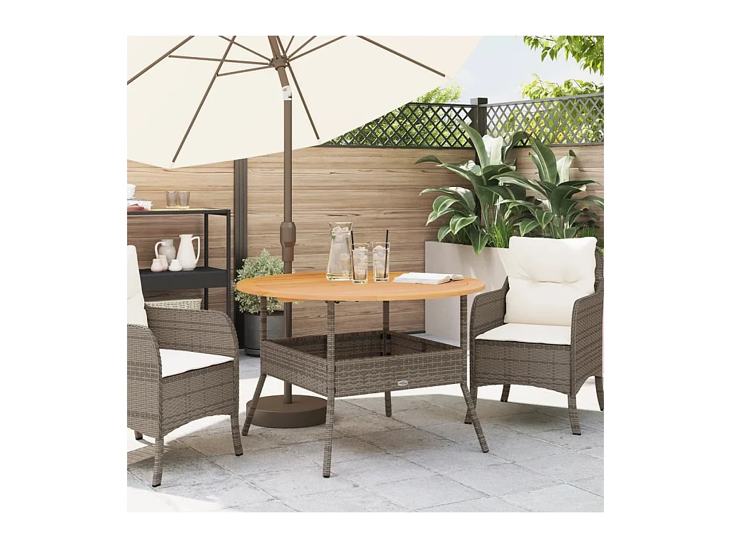 Mesa de jardín y tablero en madera de acacia gris con resina trenzada.