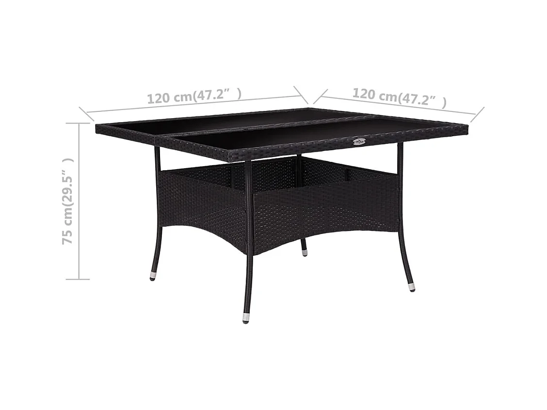 Zwarte eettafel voor buiten, geweven hars en glas