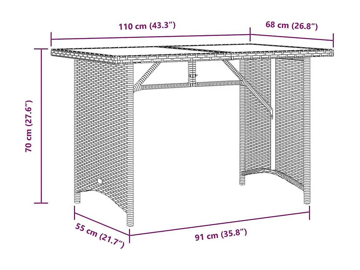 Tuintafel met zwart houten blad 110x68x70 cm rotan