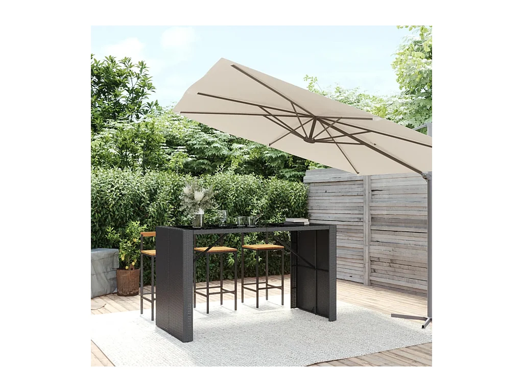 Mesa de bar con tapa de cristal negro 185x80x110 cm ratán sintético