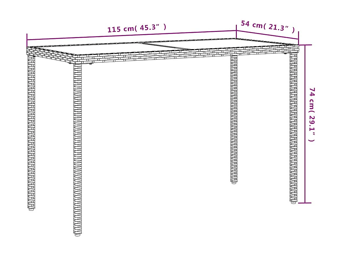 Mesa de jardín con tablero de cristal marrón 115x54x74 cm ratán sintético