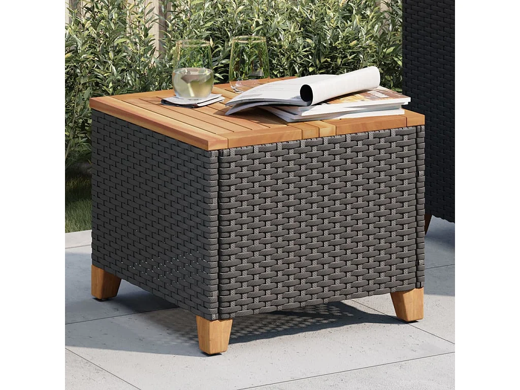 Mesa de jardín negra 45x45x37 cm resina trenzada y madera de acacia