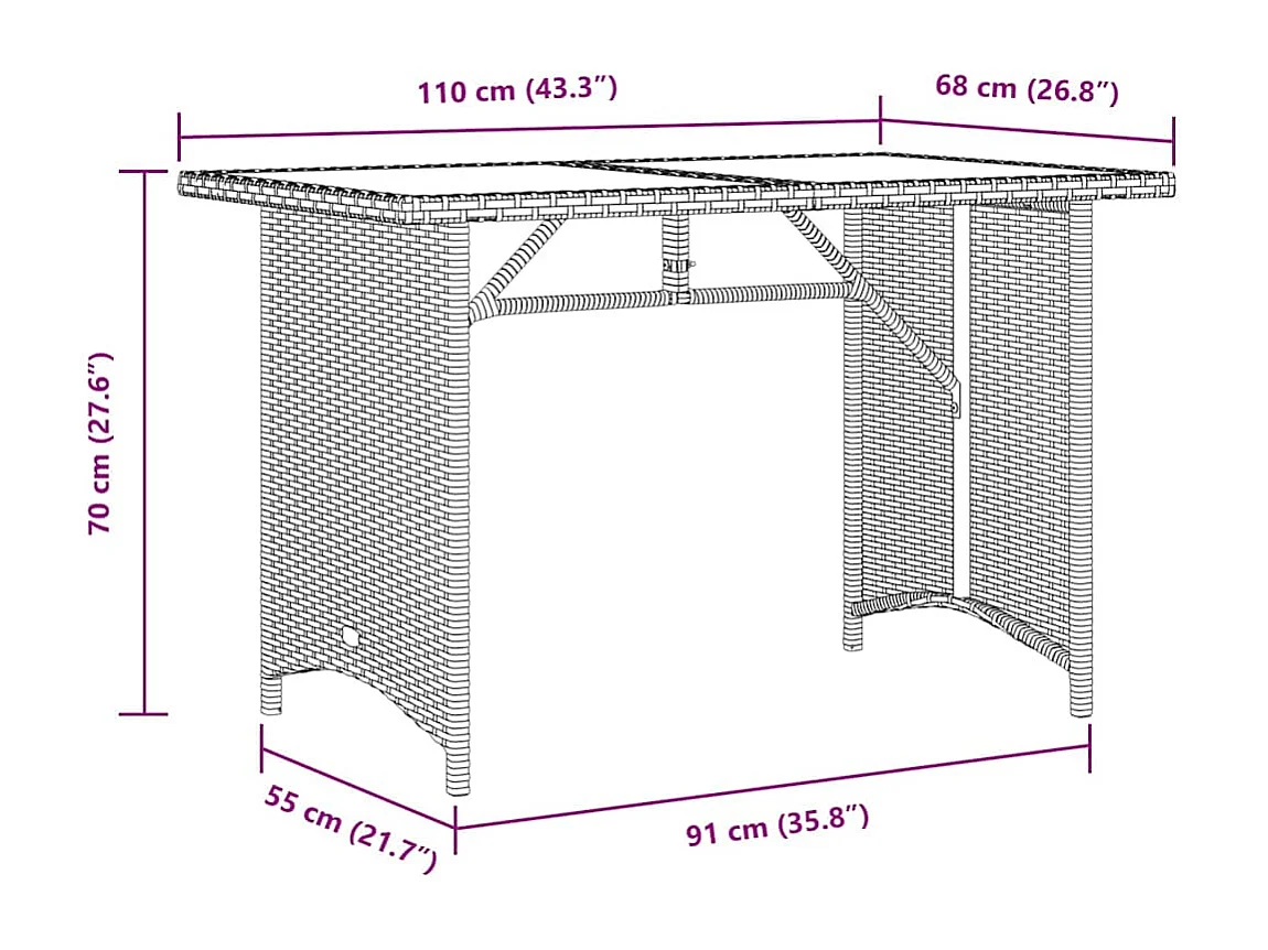 Mesa de jardín con tapa de cristal marrón 110x68x70 cm ratán