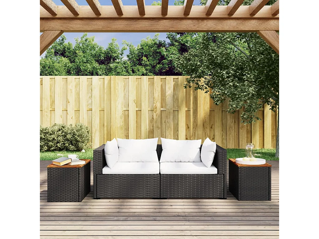 Mesas auxiliares de jardín 2 piezas negras 55x34x37 cm ratán madera maciza