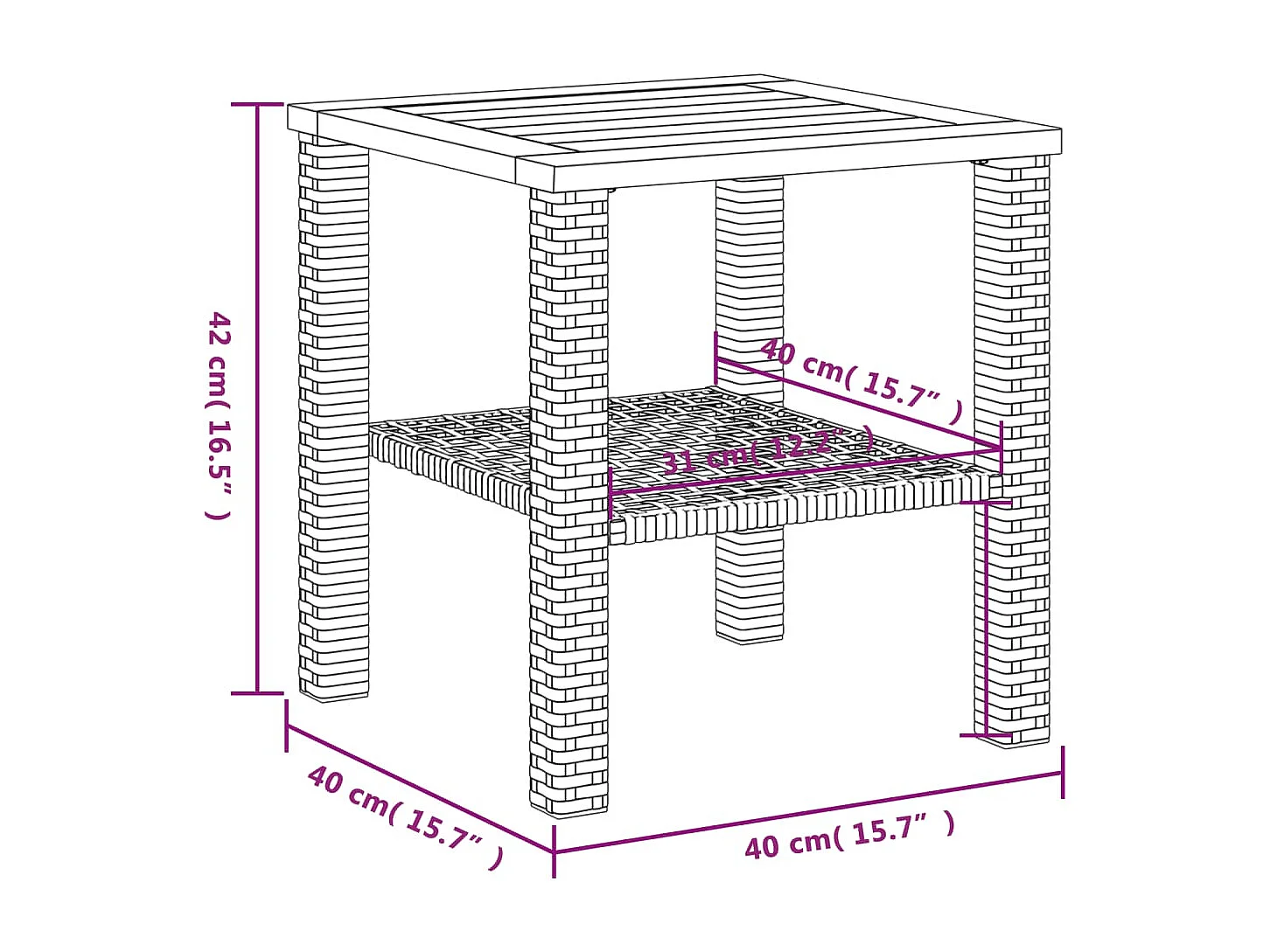 Zwarte tuintafel 40x40x42 cm gevlochten hars en acaciahout