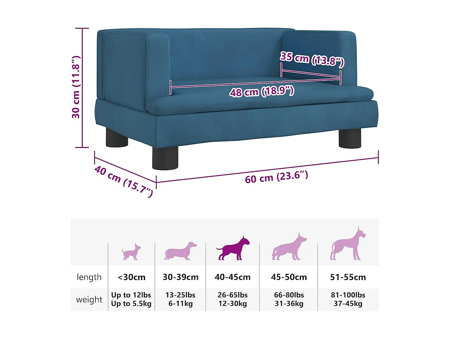 Lit pour chien bleu 60x40x30 cm velours