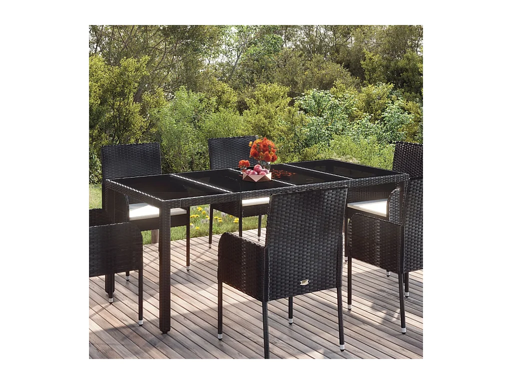 Mesa de jardín con tapa de cristal, color negro, 190x90x75cm, resina trenzada