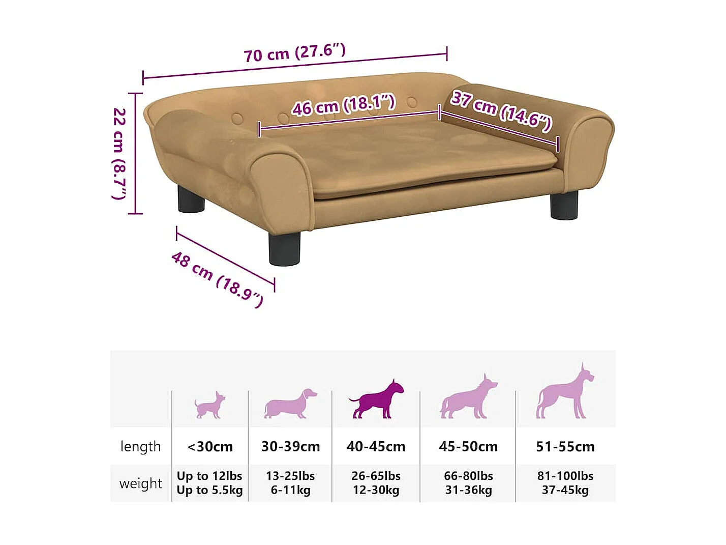 Lit pour chien marron 70x48x22 cm velours