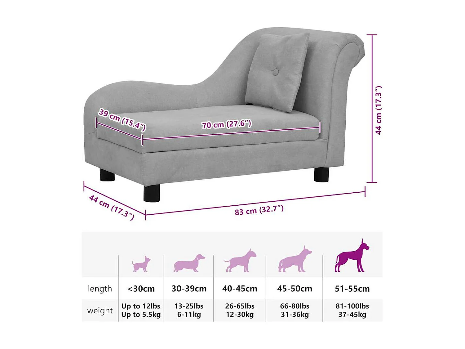 Hondensofa met kussen grijs 83x44x44 cm pluche