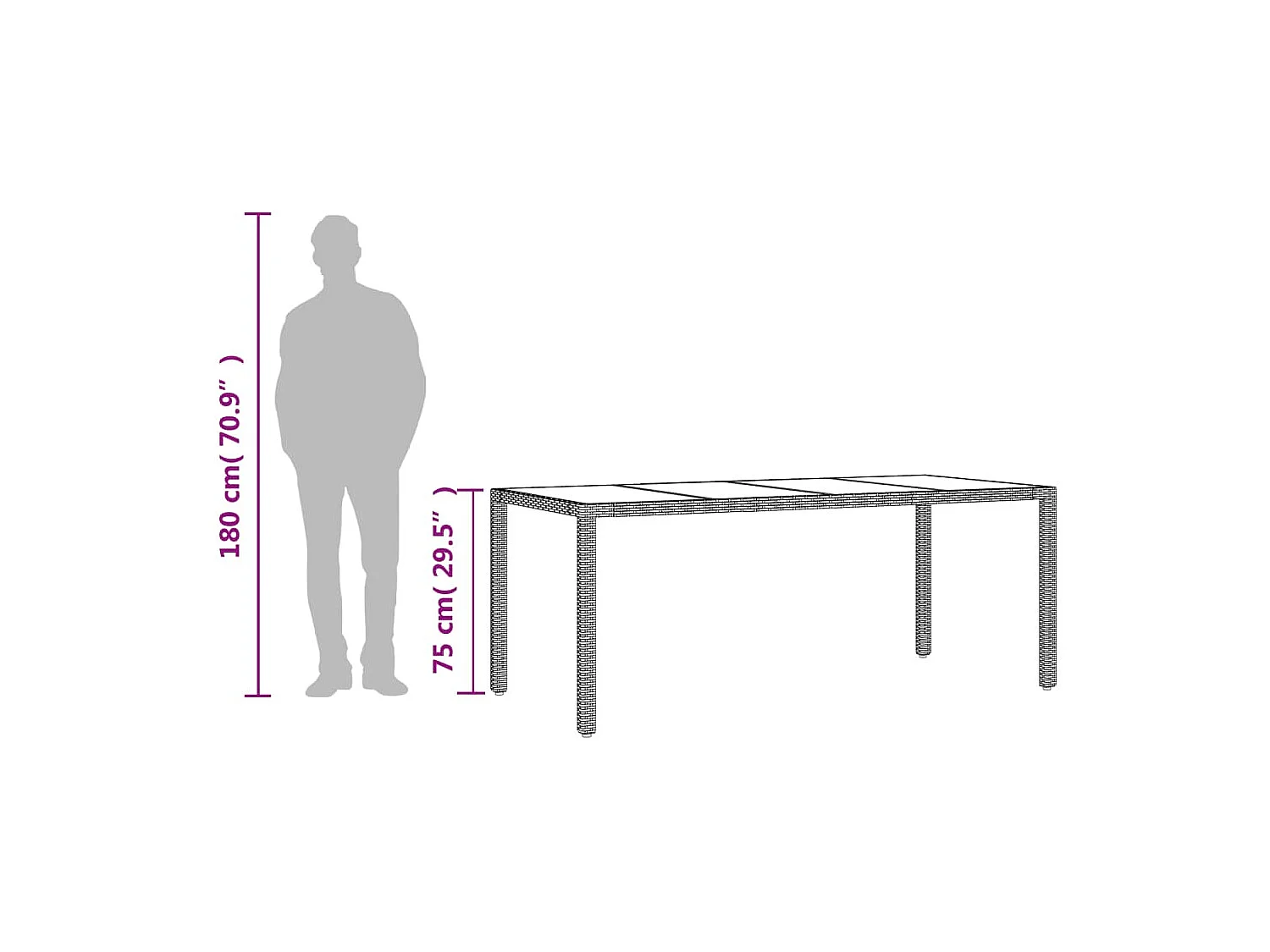 Mesa de jardín con tapa de cristal, color negro, 190x90x75cm, resina trenzada