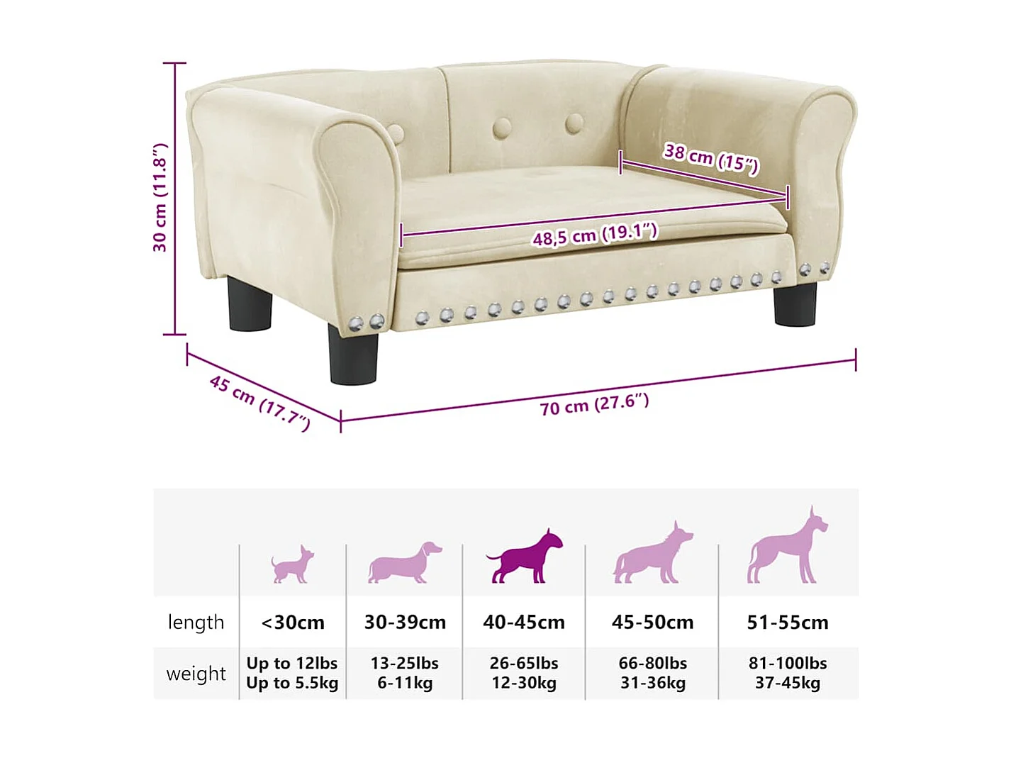 Cama para perro color crema 70x45x30 cm terciopelo