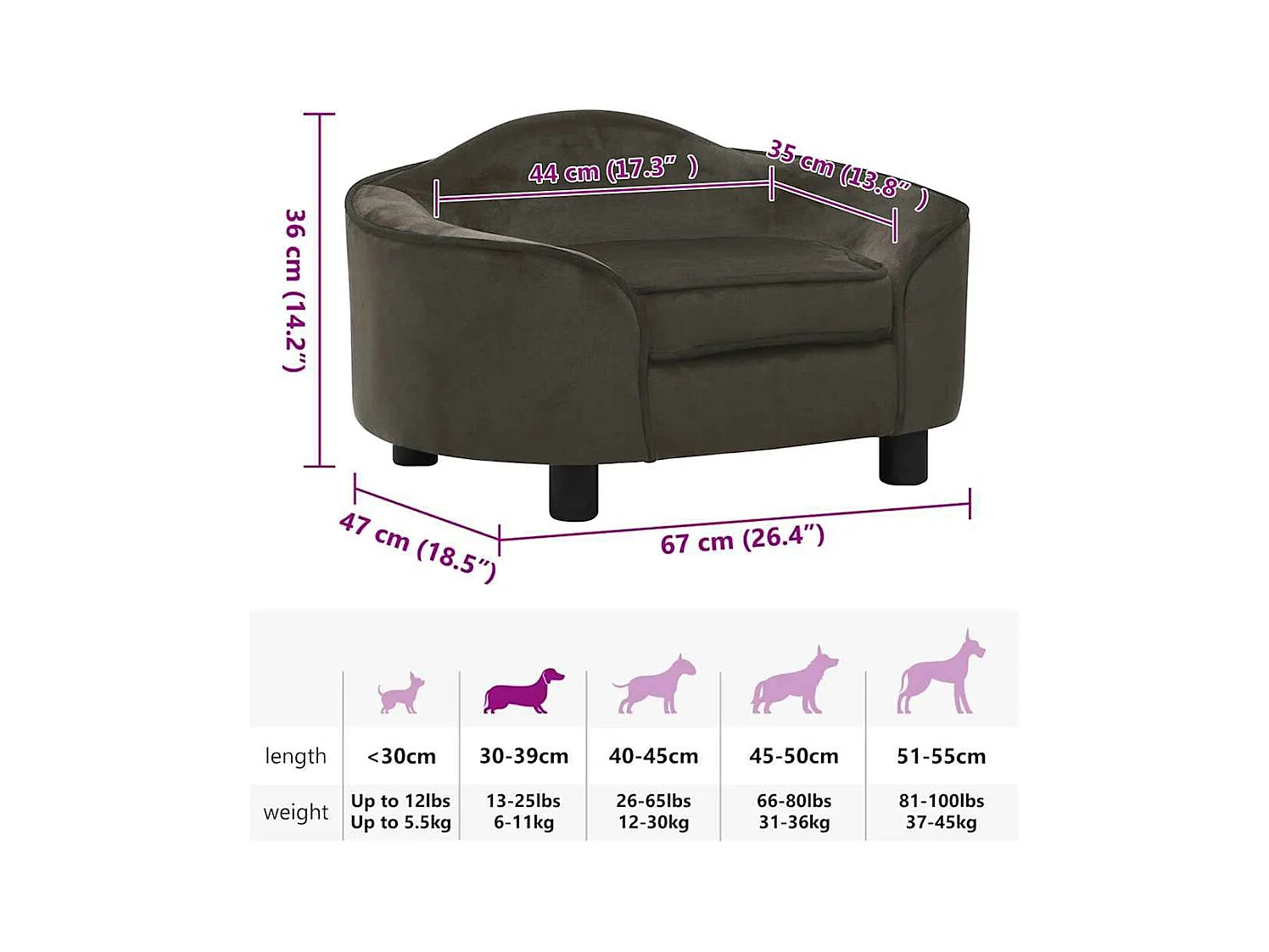 Sofá para perros gris oscuro 67x47x36 cm de peluche