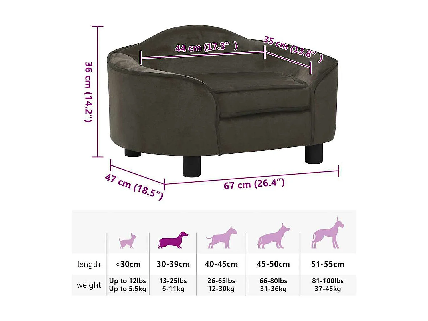 Canapé pour chien Gris foncé 67x47x36 cm Peluche