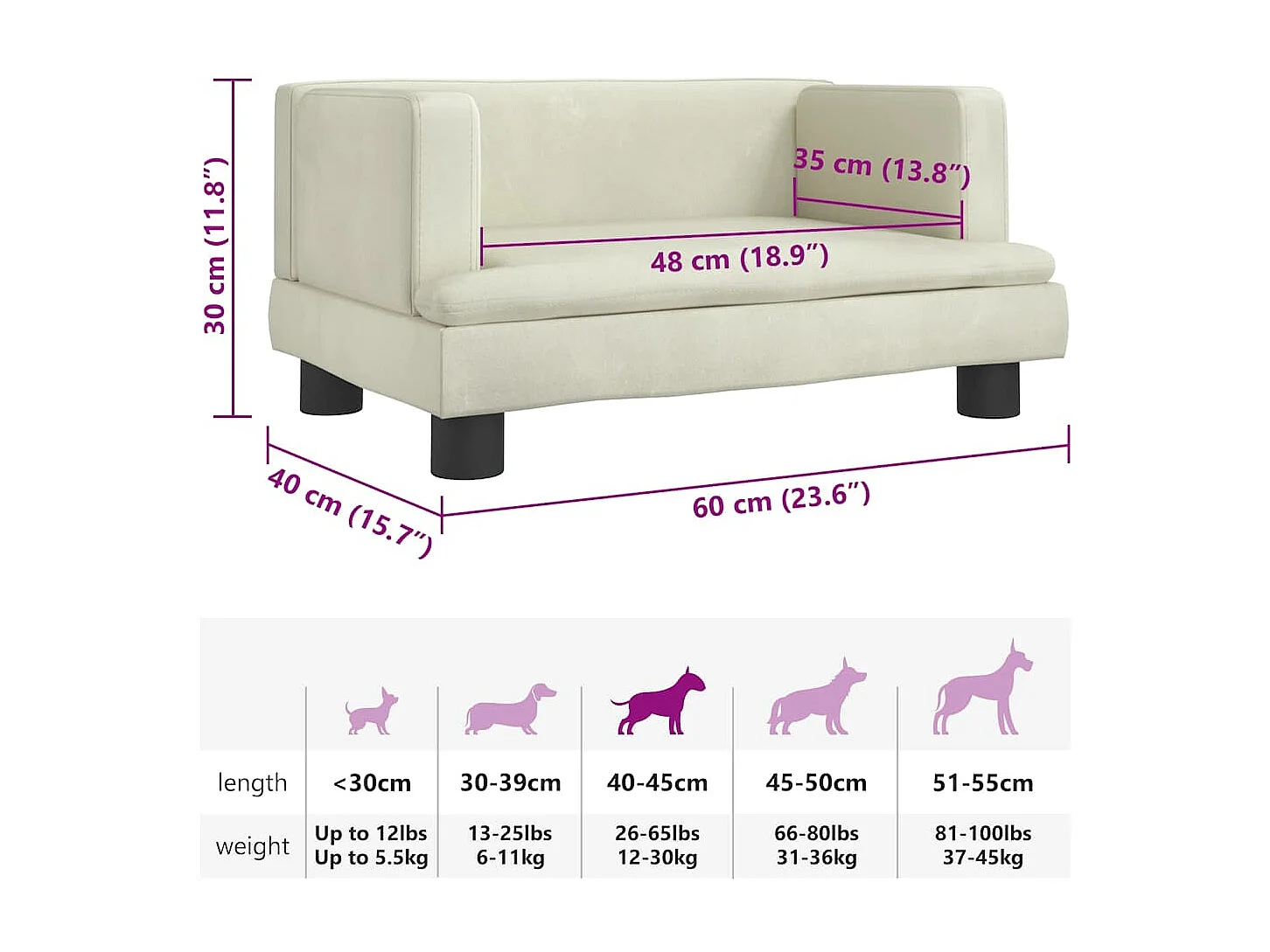 Cama para perro color crema 60x40x30 cm terciopelo