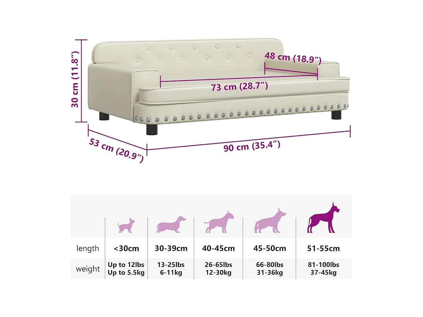 Letto per cani color crema 90x53x30 cm in similpelle