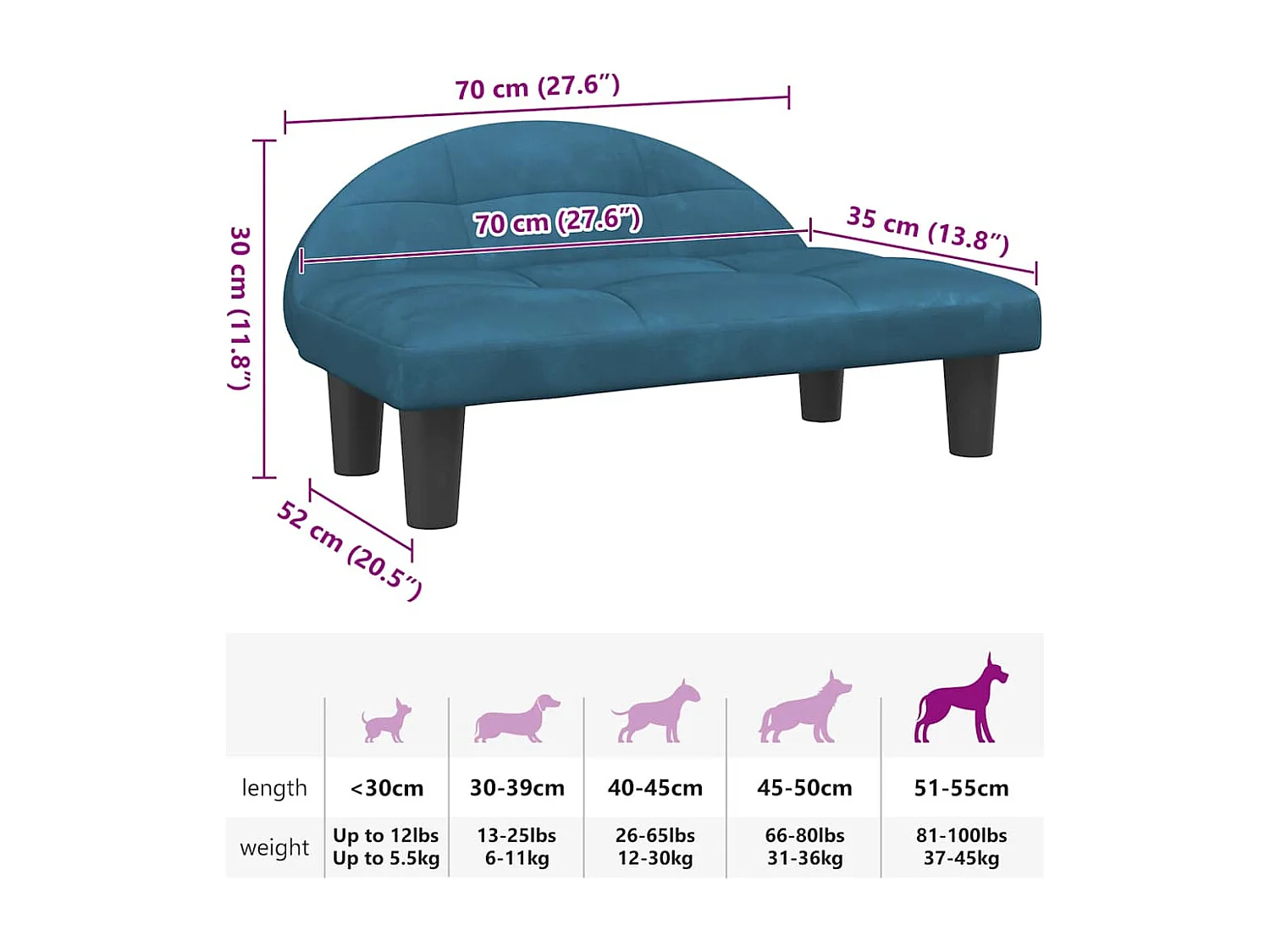 Cama para perro azul 70x52x30 cm terciopelo