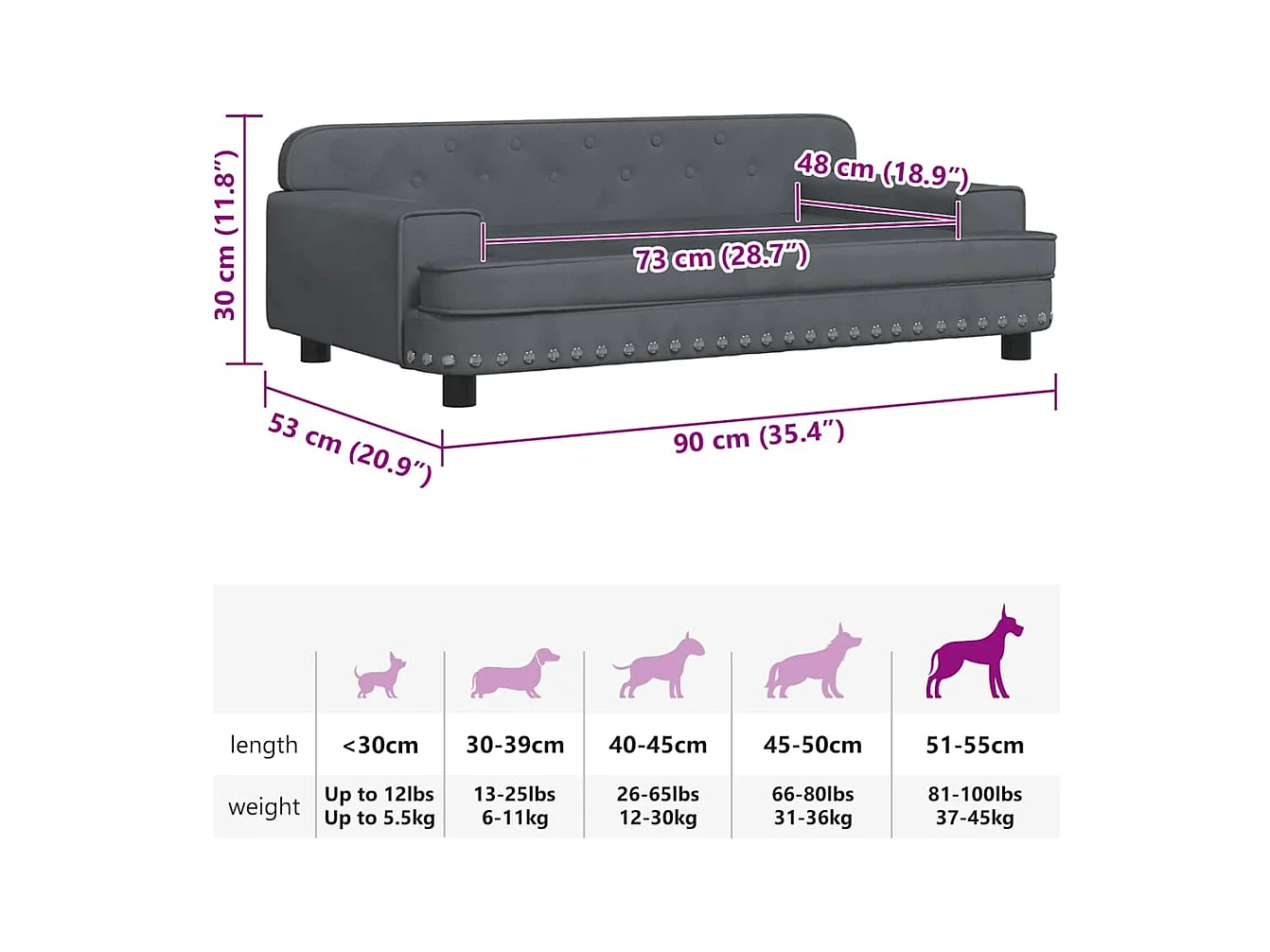 Lit pour chien gris foncé 90x53x30 cm velours