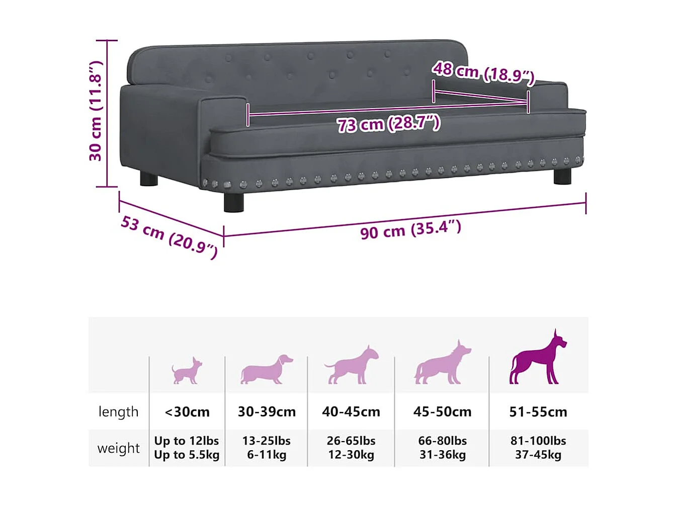 Lit pour chien gris foncé 90x53x30 cm velours