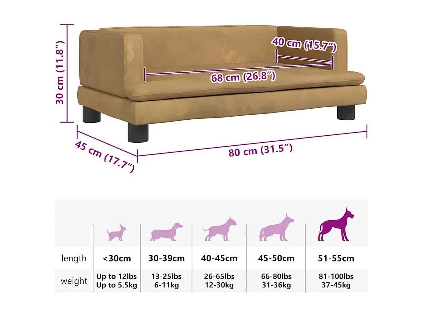 Lit pour chien marron 80x45x30 cm velours